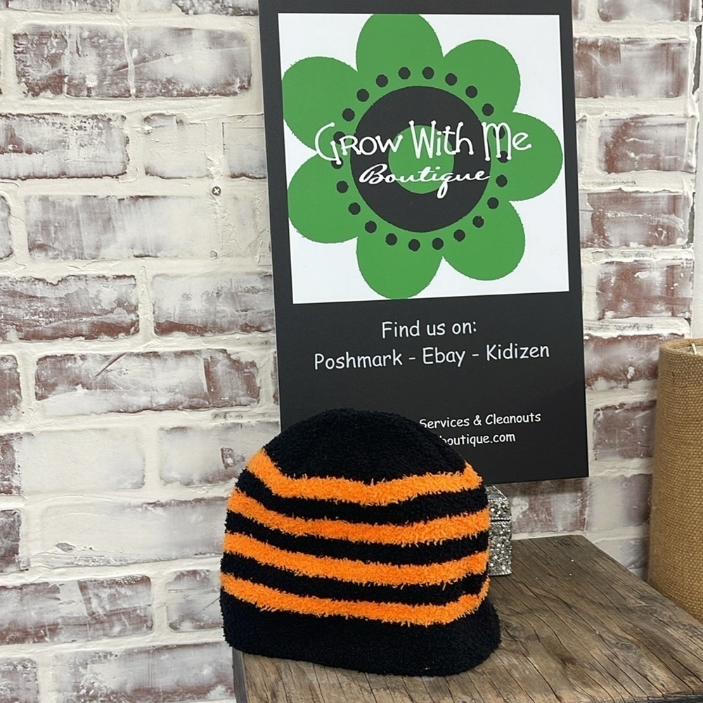 Black and orange striped beanie